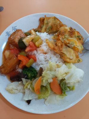 White rice + 3 dishes ($3.50) at Choo Zai Zhai 自在斋 - Old Airport Rd in Central Singapore