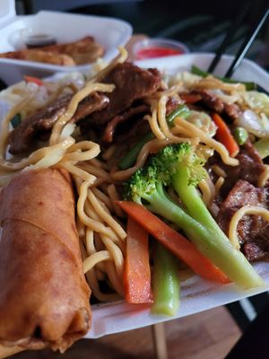 "Beef" chow mein and an egg roll :) at Anna's Vegan Cafe in Sacramento