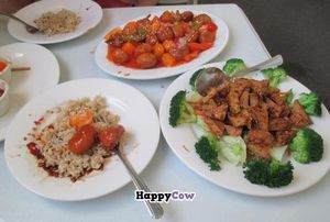 bottom right: the Lucky Lemongrass (tofu with broccoli), top: 'Sweet & Sour Drumstick' at Anna's Vegan Cafe in Sacramento