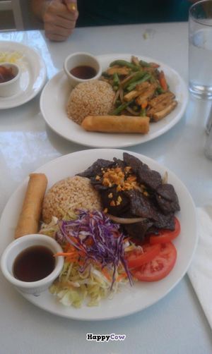 top: Sautéed Green Bean Tofu; bottom: Grilled Wonder at Anna's Vegan Cafe in Sacramento