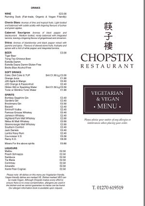Separate menu at Chopstix in Nantwich
