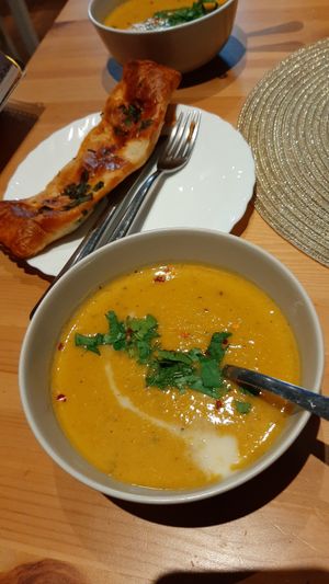 Cauliflower soup and potato pastry at Purée Health Bar in Tallinn