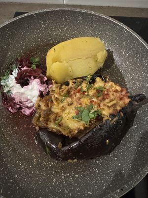 Aubergine with potato and beetroot, plus yoghurt topping   at Purée Health Bar in Tallinn