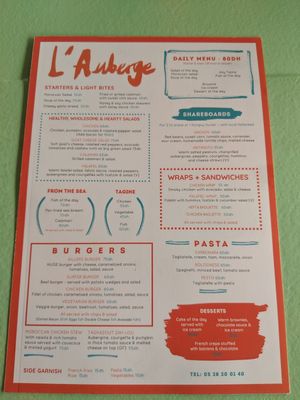 Menu at L' Auberge in Taghazout