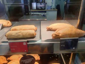 Vegan sausage and chunky vegetable pasty both vegan at Warrens Bakery in Newquay