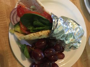 Veggie hummus pita with added roasted red peppers  at Roast and Toast Cafe in Petoskey