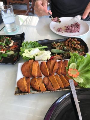 Their signature duck and duck laarb with fish cakes (too real) at Suan Eakaparp Vegetarian - สวนเอกภาพ อาหารเจ素食餐廳 in Pattaya