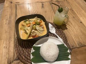 Vegetable curry and rice. Calamansi juice.   at Monkey Business in San Juan Siquijor