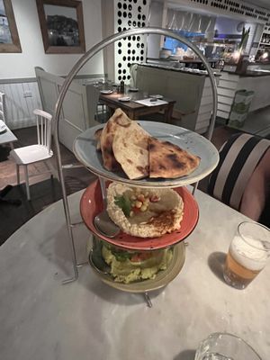 Bread, Hummus, peas spread   at The Real Greek - Old Spitalfields Market in East London