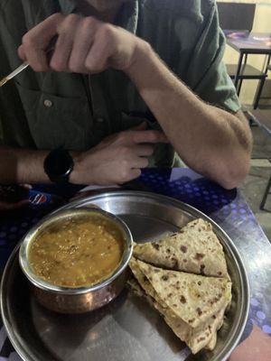 Daal fry with potato paratha  at Spice Nepal in Pokhara
