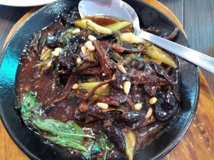 Mountain vege with tea tree mushroom and basil leaves at New Fut Kai Vegetarian 新佛界素食 in Central Singapore