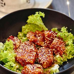 Korean spicy chicken - made of jackfruit! So yummy! at New Fut Kai Vegetarian 新佛界素食 in Central Singapore
