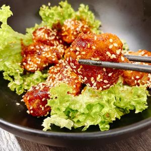 Love the sweet spicy sauce pairing of this! Korean spicy chicken  at New Fut Kai Vegetarian 新佛界素食 in Central Singapore