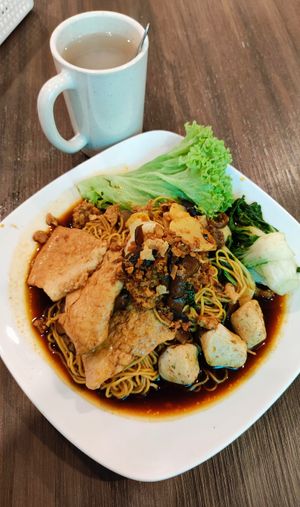Mushroom Mince Noodle with Barley drink - Value Set at New Fut Kai Vegetarian 新佛界素食 in Central Singapore