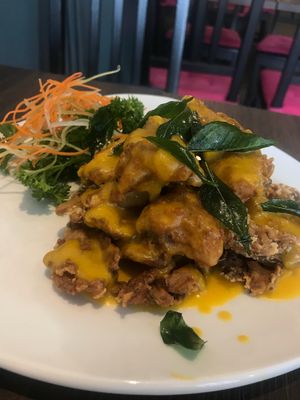 Pumpkin butter sauce mushrooms  at New Fut Kai Vegetarian 新佛界素食 in Central Singapore