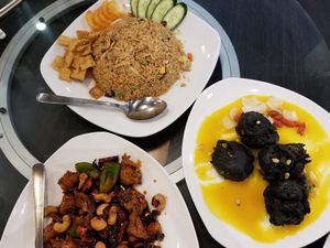 Bamboo charcoal black sesame toufu w/ pumpkin sauce, yangzhou style fried rice at New Fut Kai Vegetarian 新佛界素食 in Central Singapore