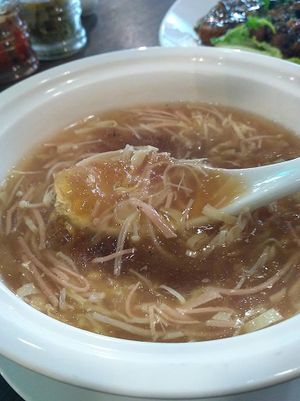 Love the Peach Gum in the Peach Gum and Wild Bamboo Pith Shark Fin Soup ($16) at New Fut Kai Vegetarian 新佛界素食 in Central Singapore