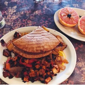 tofu scramble with pita and broiled grapefruit  at Betty's in Buffalo