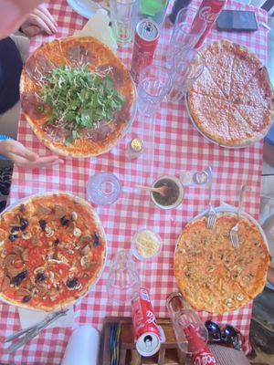 The pizza on left lower corner is vegan, the two on the right are vegetarian and the one on upper right corner is w/ meat.  at Arka Pizzeria in Bodrum