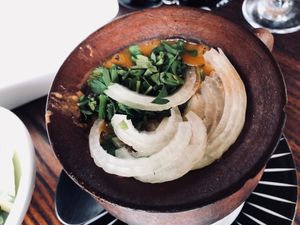 Hot served kidney beans in pot at Cafe Panorama in Mestia