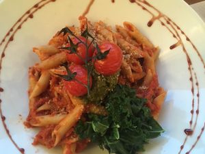 Tomato pasta with pesto at Cafe Mutin in Geneva