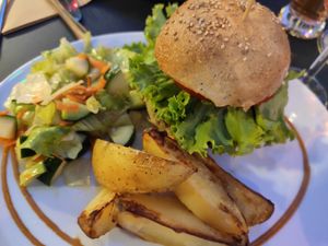 Mushroom burger (with a side of the best potatoes in town!) at Cafe Mutin in Geneva