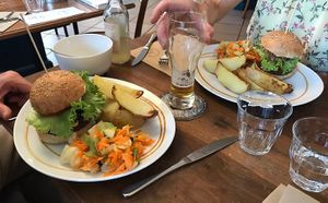 Burgers with homemade mushroom steak at Cafe Mutin in Geneva