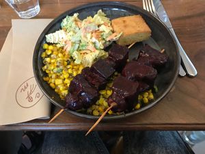 Tempeh with succotash and cornbread, my favorite meal ! at Cafe Mutin in Geneva