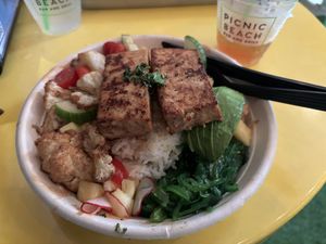 Vegan bowl. They should do a teriyaki marinade and not the rice wine vinegar.  at Picnic Beach in Gulf Shores