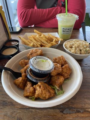 Cauliflower wings, potato salad, fresh juice at Picnic Beach in Gulf Shores
