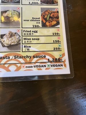 clear vegan key on menu  at Matsuri in Osaka