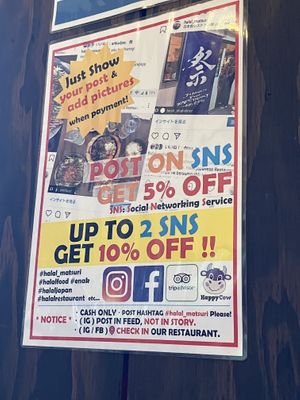 discount for posting on social media (including happy cow!)  at Matsuri in Osaka