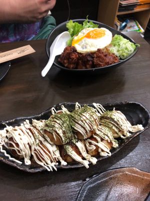 Takoyaki balls - usually octopus but this is a veggie version  at Matsuri in Osaka