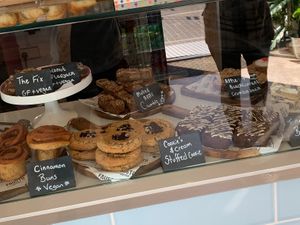 Fab selection of vegan treats at faustos this morning also vegan sausage bagels and vegan bagels on offer with a selection on alternative milk drinks!  at Fausto Coffee in Sunderland