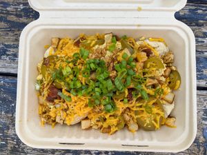 The Gloria with potatoes. at Biscuits + Groovy - Food Trailer Barton Springs in Austin