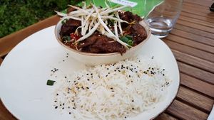 Seitan "duck" with sprouts, basmati rice and sweet and sour sauce at Manna 68 in Gdansk