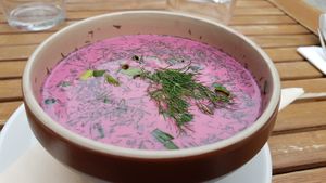 Chilled beetroot soup with potatoes and dill at Manna 68 in Gdansk