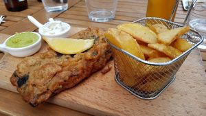 "Fish" & chips (big slice of an eggplant covered in nori) at Manna 68 in Gdansk