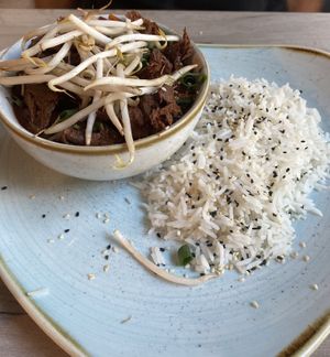 VEGAN "DUCK" & VEGETABLES IN SWEET AND SOUR
SAUCE, SERVED WITH BASMATI RICE  at Manna 68 in Gdansk