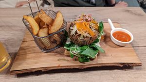 Vegan Fishburger on a waffle with mango Sauce at Manna 68 in Gdansk