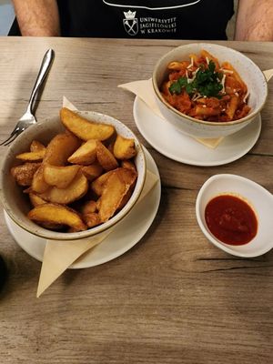 Fries and pasta from the kids menu at Manna 68 in Gdansk