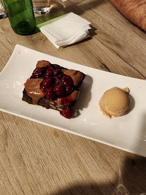 Brownie with peanut butter ice cream at Manna 68 in Gdansk