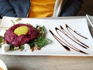 Beetroot salad with fake feta and walnuts at Manna 68 in Gdansk