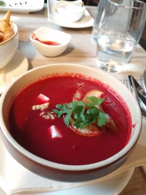 Beetroot soup with fake feta and roasted pears and walnuts at Manna 68 in Gdansk