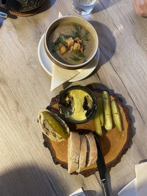 Mushroom crème soup and vegan fois gras   at Manna 68 in Gdansk
