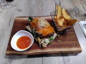 Waffle-Fishburger with a spicy mango sauce (Incredible creation) at Manna 68 in Gdansk