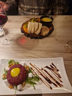 Vegan foie gras with bread and pickles, Beetroot and feta tartar with rocket and walnut salad. at Manna 68 in Gdansk