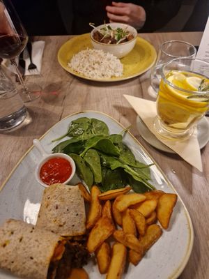 Burrito and vegan sweet and sour duck with rice at Manna 68 in Gdansk