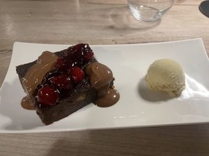 Brownie with ice cream  at Manna 68 in Gdansk