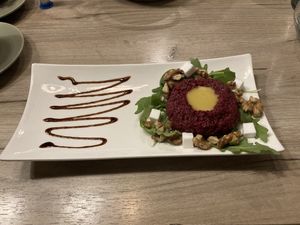 Vegan beef tartare, made of red beets and dried tomatoes  at Manna 68 in Gdansk